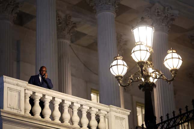 WASHINGTON, DC - NOVEMBER 14: U.S. Rep. Jamaal Bowman (D-NY) takes a phone call as he leaves the U.S. Capitol on November 14, 2023 in Washington, DC. The House of Representatives voted on a series of bills including an interim spending bill it passed to fund the government, which will now go to the Senate for consideration.