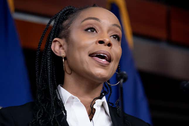 Representative Shontel Brown, a Democrat from Ohio, speaks during a news conference to announce the Rail Act at the US Capitol in Washington, DC, US, on Thursday, March 30, 2023. The legislation is in response to a 149-car freight train that derailed in East Palestine, Ohio, in early February. 