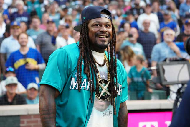 Former NFL player Marshawn Lynch looks on during the T-Mobile Home Run Derby at T-Mobile Park on Monday, July 10, 2023 in Seattle, Washington.