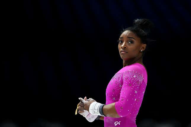 ANTWERP, BELGIUM - SEPTEMBER 28: Simone Biles of United States looks on during the 2023 FIG Artistic Gymnastics World Championships Training Session at the Antwerp Sportpaleis on September 28, 2023 in Antwerp, Belgium.