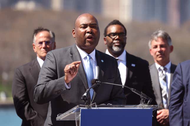 CHICAGO, ILLINOIS - APRIL 12: DNC Chairman Jaime Harrison is joined by business and political leaders during a lakeside event held to announce that Chicago was chosen to host the 2024 Democratic National Convention on April 12, 2023 in Chicago, Illinois. Chicago last hosted the convention in 1996. (