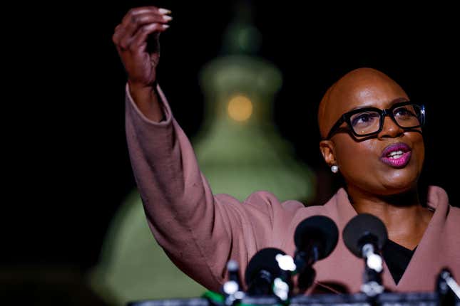 WASHINGTON, DC - NOVEMBER 13: U.S. Rep. Ayanna Pressley (D-MA) speaks at a news conference calling for a ceasefire in Gaza outside the U.S. Capitol building on November 13, 2023 in Washington, DC. House Democrats held the news conference alongside rabbis with the activist group Jewish Voices for Peace.