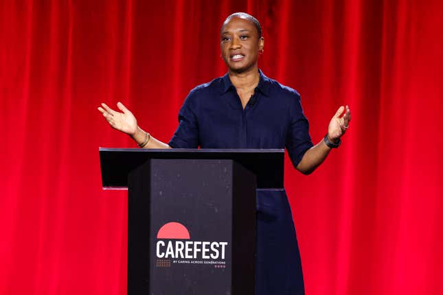 LOS ANGELES, CALIFORNIA - NOVEMBER 03: Sen. Laphonza Butler speaks onstage during day two of CareFest at UCLA Meyer and Renee Luskin Conference Center on November 03, 2023 in Los Angeles, California.