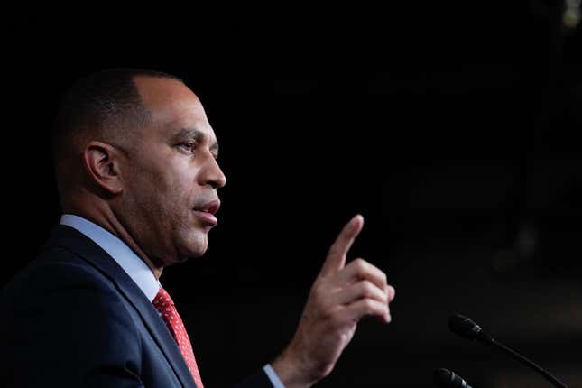 WASHINGTON, DC - NOVEMBER 15: House Minority Leader Hakeem Jeffries (D-NY) speaks during his weekly news conference on Capitol Hill November 15, 2023 in Washington, DC. On Tuesday evening, the House lawmakers passed a stopgap funding bill to avert a government shutdown.