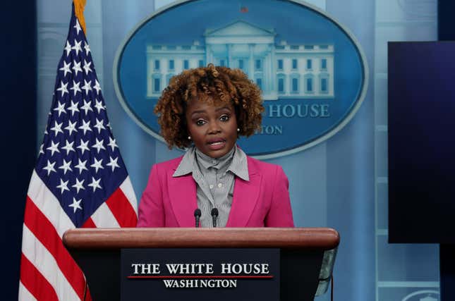 WASHINGTON, DC - NOVEMBER 07: White House Press Secretary Karine Jean-Pierre speaks during the daily press briefing at the White House on November 07, 2023 in Washington, DC. Jean-Pierre spoke about the Israel-Hamas war and discussed the arrival of humanitarian aid to assist civilians.